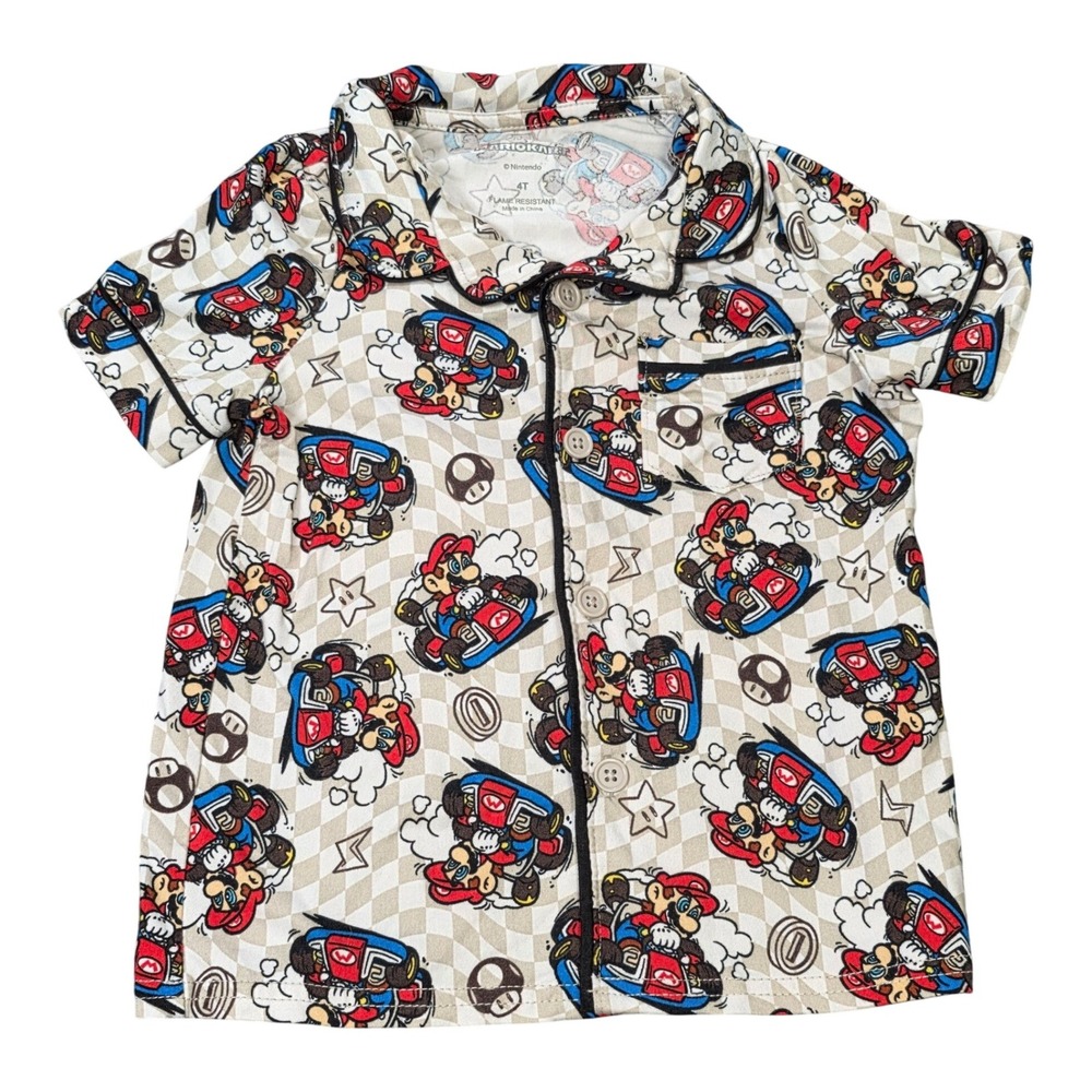 Nintendo Mario Kart Pajama Top Button Front Shirt Boy's 4T Cream Checkered
